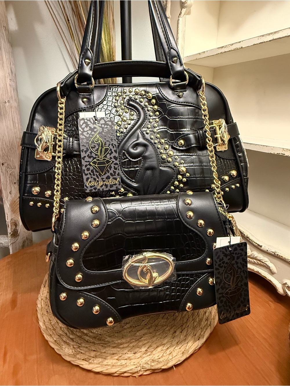 New Baby Phat Black Croc-Embossed Studded Satchel and Shoulder Bag Set